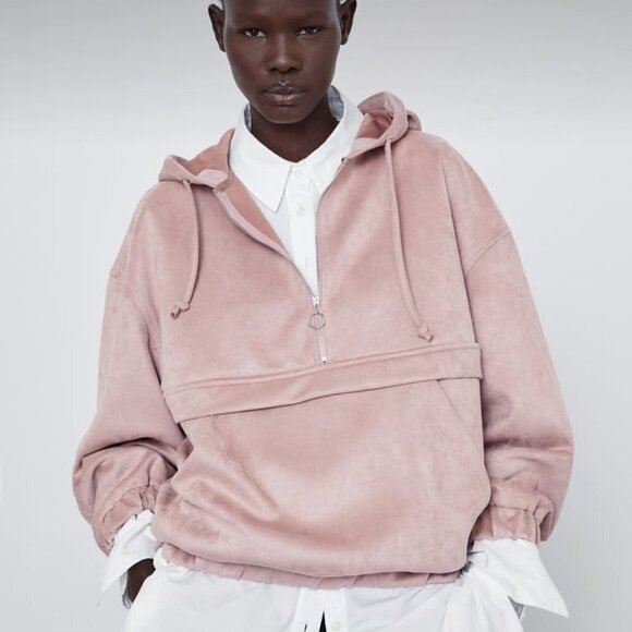 Zara Pink Vegan Suede Half Zipper Soft Sweatshirt Hoodie, Size XS - Picture 1 of 16